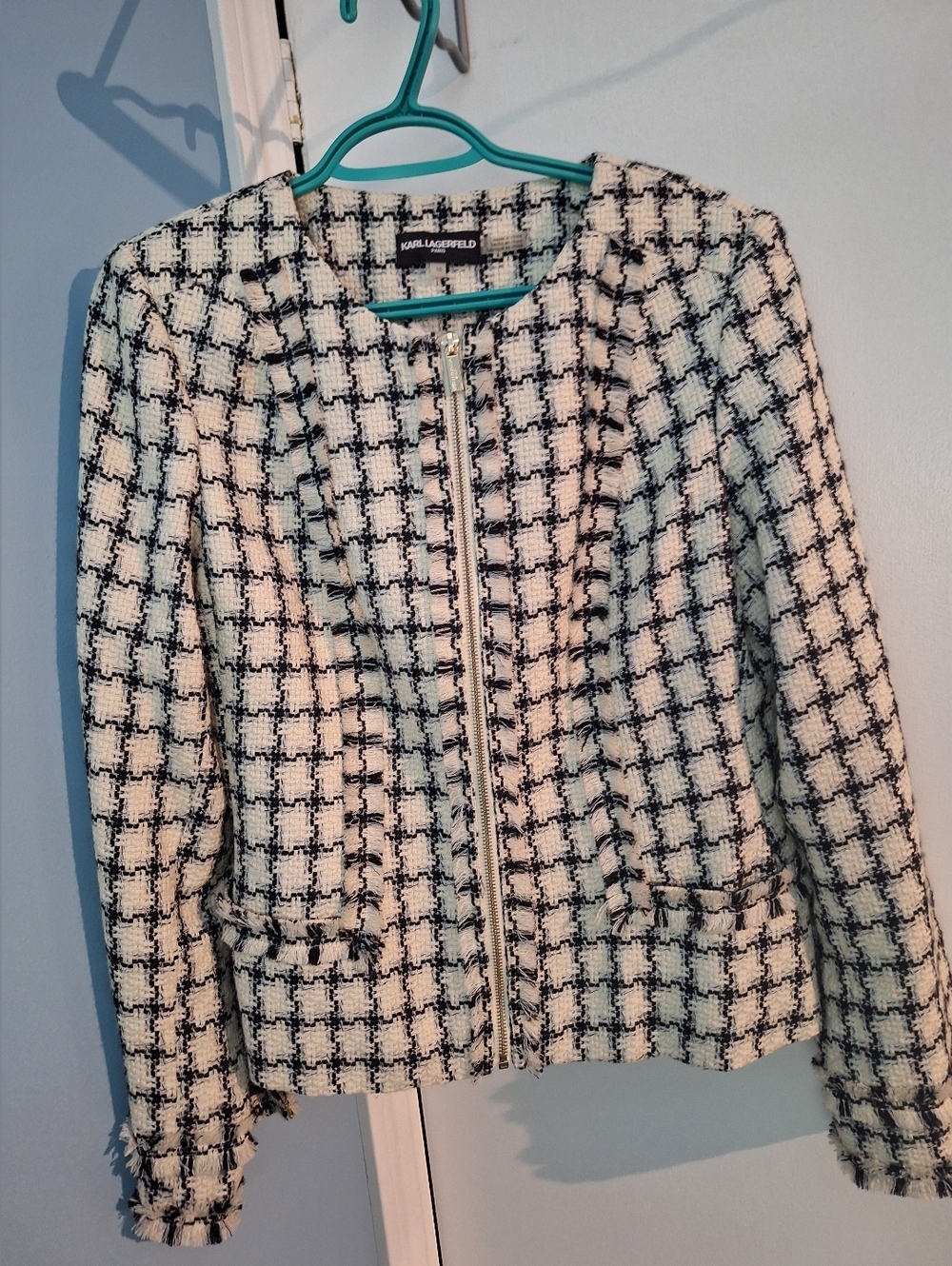 Karl Lagerfeld Paris Black White Plaid Tweed Zip Womens Jacket Size 10 - Picture 2 of 9